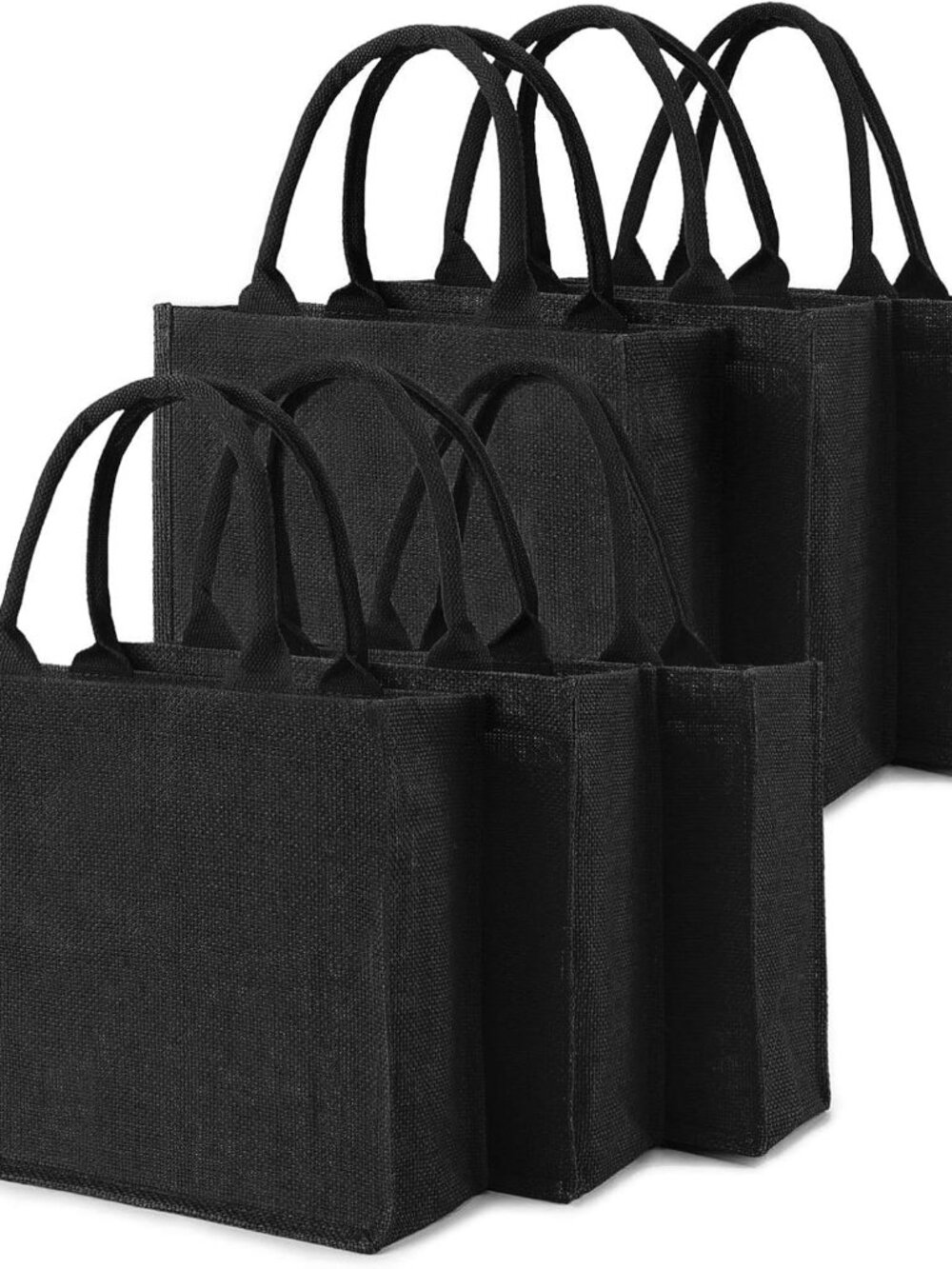 Tote Bags, 6 Pack Medium Black Burlap Jute Reusable Canvas Gift Favors Bag with